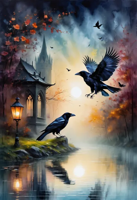 （dark atmosphere，goethe-mode，helle farben），（best quality，super exquisit，），gothic-rabe，rosengarten bei nacht，crow feathers，black ...