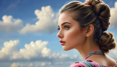 a beautiful girl with her hair tied up, looking thoughtful as she gazes into the horizon, (realistic,photorealistic:1.37), detai...