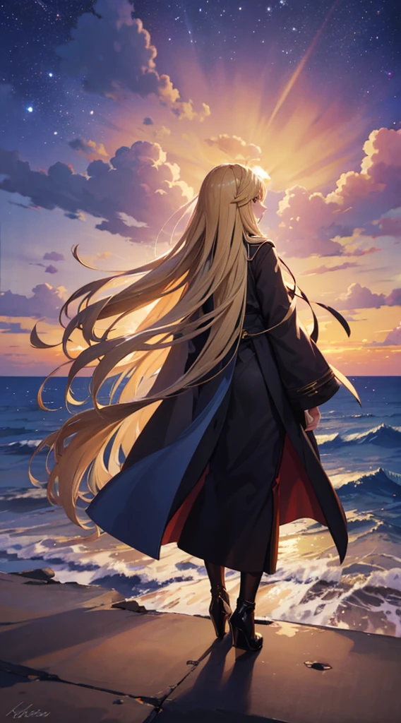 １people々々々々々々々々々々々々々,Blonde long-haired woman，Long coat， Dress Silhouette， Rear View，Space Sky, , Anime Style, sunset，The boundary between sea and space，