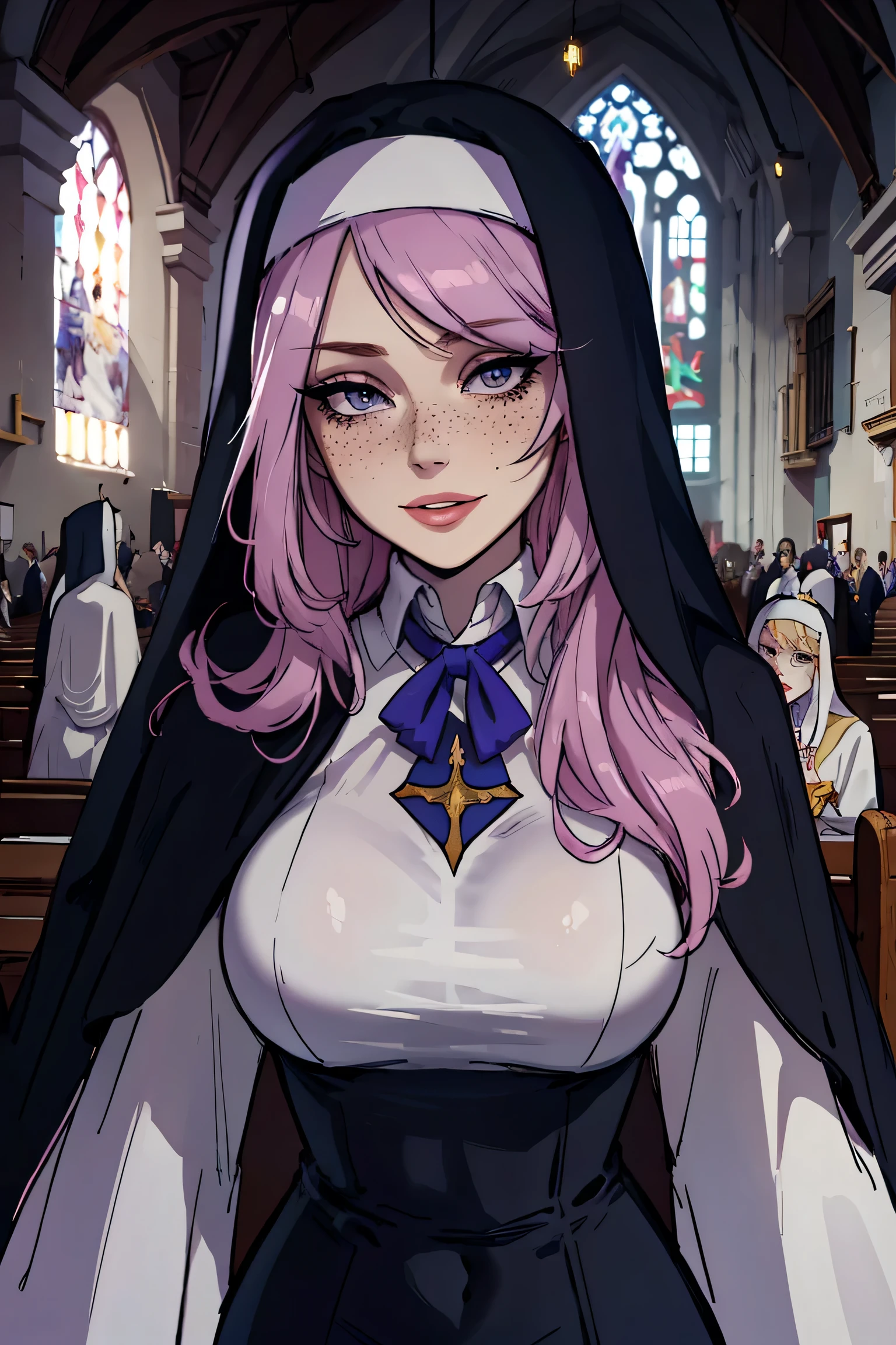 
Masterpiece, best quality, womanly, excited expression, portrait, nun, pale skin, happy eyes, inside a church, pink full lips, nun habit, freckles, lavender hair, church setting,