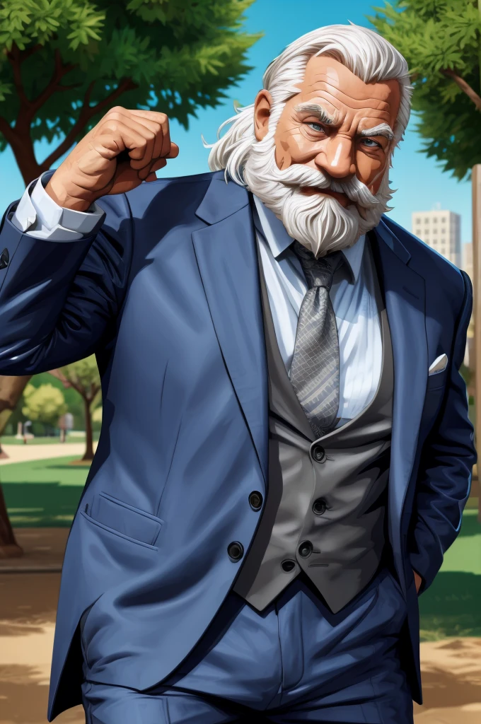 (vector:2.0, mwvector), portrait, muscular old man in park, beard, happy, summer, suits, detailed vector, high detail, half body, realistic, white hair