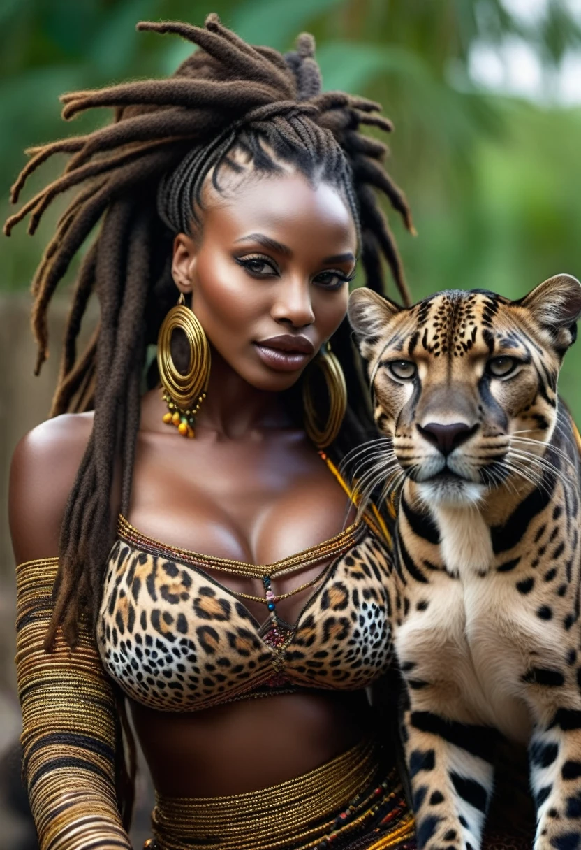 ((best quality)), ((masterpiece)), (detailed), (close up), (headshot), dark skin, perfect face beautiful African woman with beaded dreads, snuggling a panther, with Panthers,  surrounded by Panthers, HDR, 4K, 3D