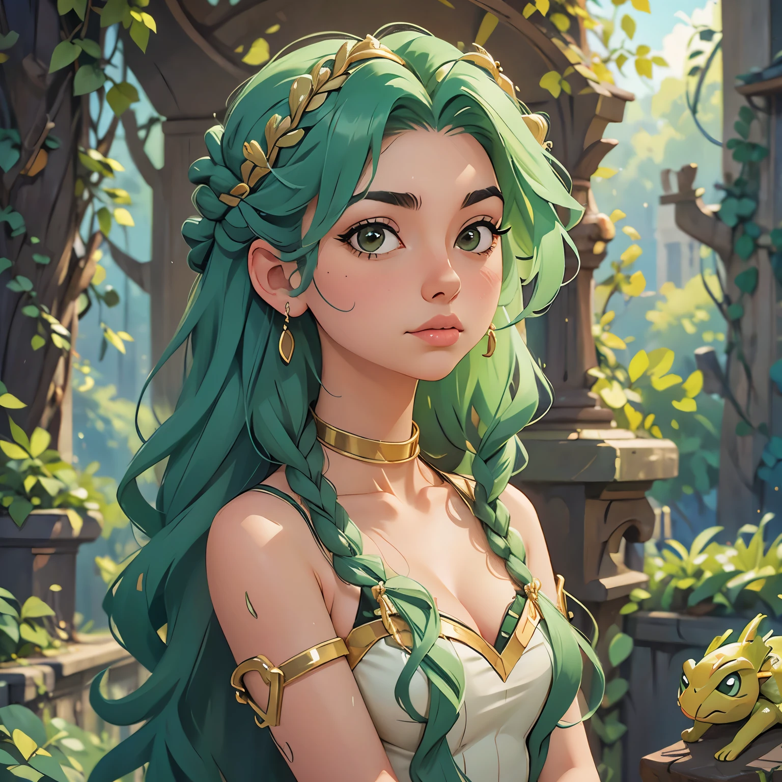 緑色の髪の女性の絵, 美しい雌のゴルゴン, portrait of teenage メデューサ, very sad メデューサ, 彼女の髪の毛のようなたくさんの蛇, メデューサ, 