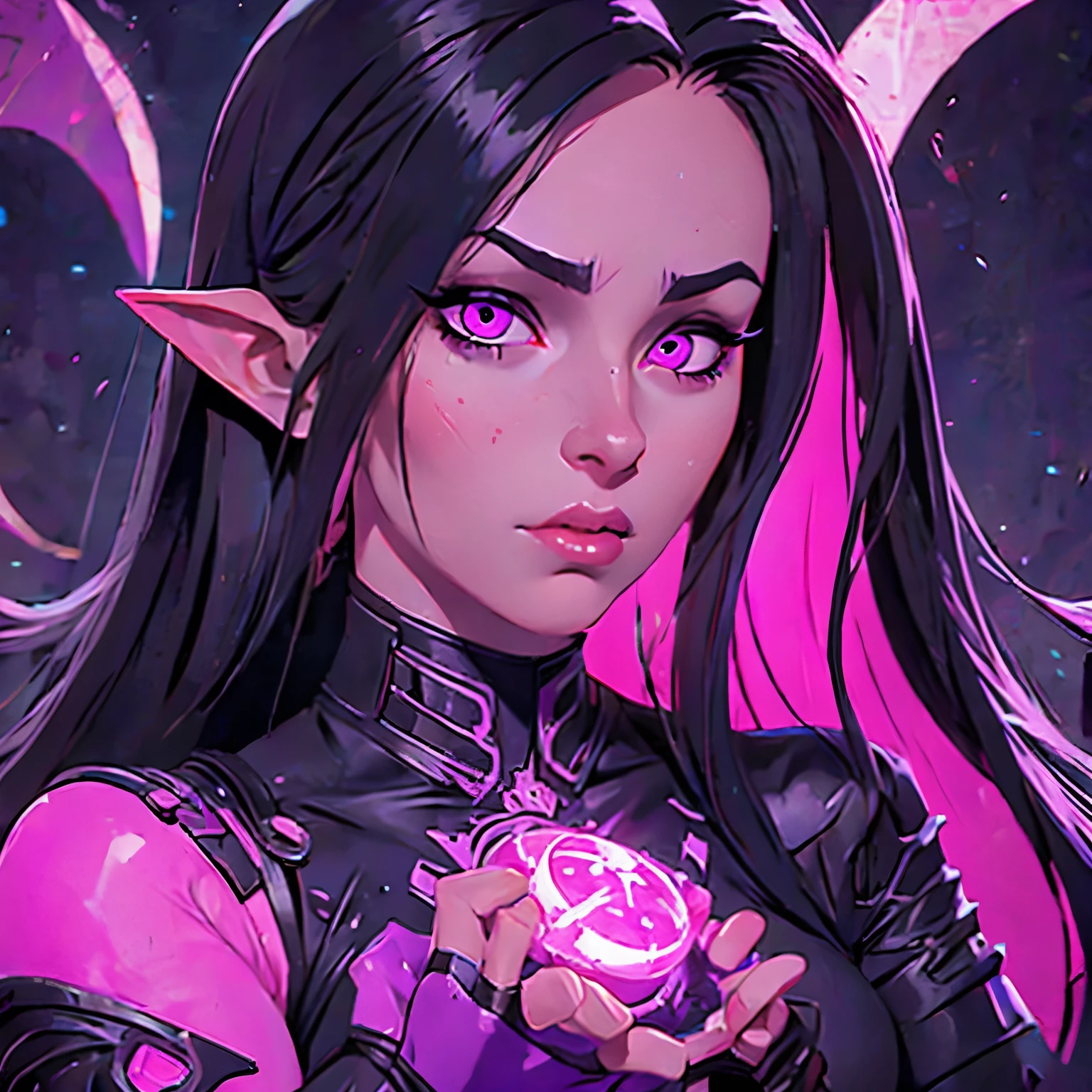 a woman with long hair and a pink light in her hand, cyberpunk art by Kieran Yanner, Artstation, conceptual art, tiefling, demon girl, beautiful succubus, nocturne from league of legends, demon woman, tiefling from d & d, portrait of a female demon, demonic creature, widowmaker's former lover, dark demonic dancer