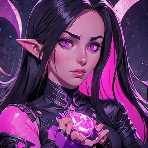 a woman with long hair and a pink light in her hand, cyberpunk art by kieran yanner, artstation, conceptual art, tiefling, demon...