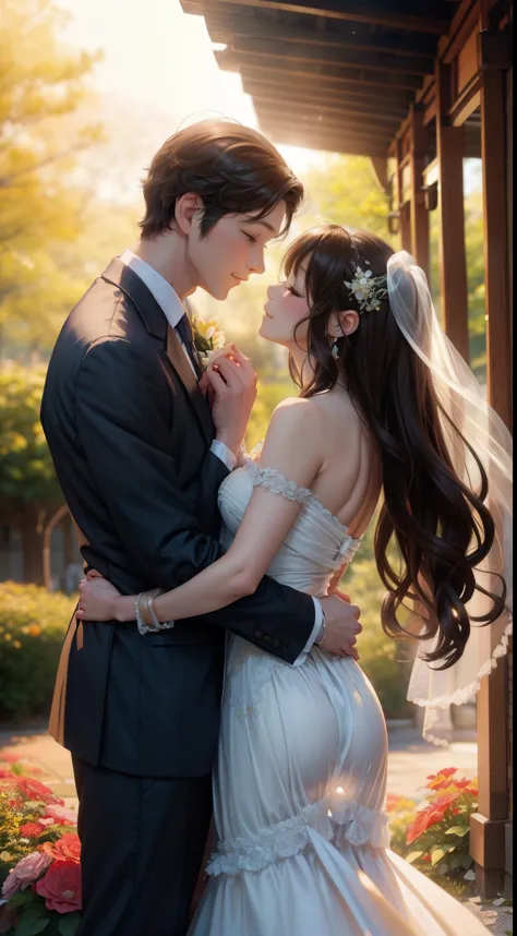 A magical sunset in a magnificent garden、A beautiful scene unfolds as the groom holds the bride in his arms.。. warm, The golden ...