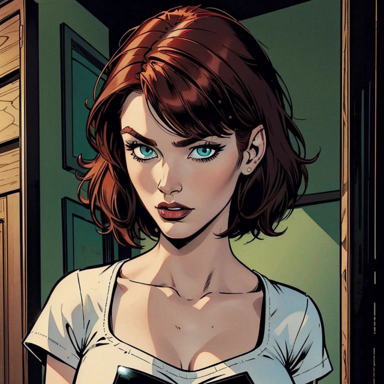 Draw a beautiful white redhead woman, she is wearing a black shirt, she has a beautiful short red hair with a fringe, she has beautiful eyes with green iris, her face is pretty, very beutiful, high resolution, 4k, 8k, masterpiece, high detailed, american comic book style image