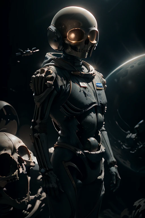 Best quality, 8K, crazy details, cinematic lighting, Cosmonaut, Spacesuit, a skeleton, a skeleton в Spacesuitе, space, a skeleton в spaceе, Spacesuit в spaceе, Stars in the background, reflection of the sun, lower body is invisible, the camera is aimed at the face.