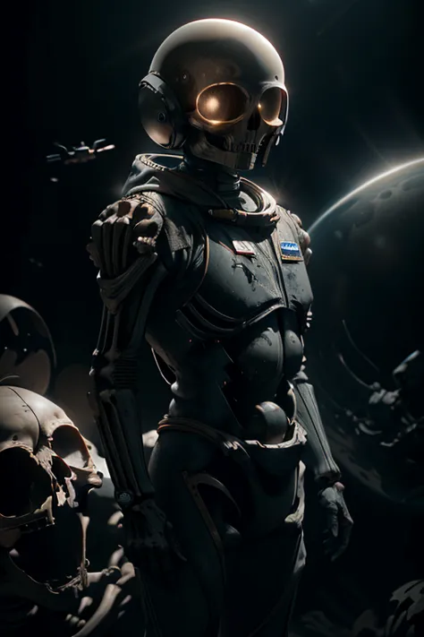 Best quality, 8K, crazy details, cinematic lighting, Cosmonaut, Spacesuit, a skeleton, a skeleton в Spacesuitе, space, a skeleto...