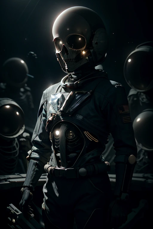 Best quality, 8K, crazy details, cinematic lighting, Cosmonaut, Spacesuit, a skeleton, a skeleton в Spacesuitе, space, a skeleton в spaceе, Spacesuit в spaceе, Stars in the background, reflection of the sun, lower body is invisible, the camera is aimed at the face.