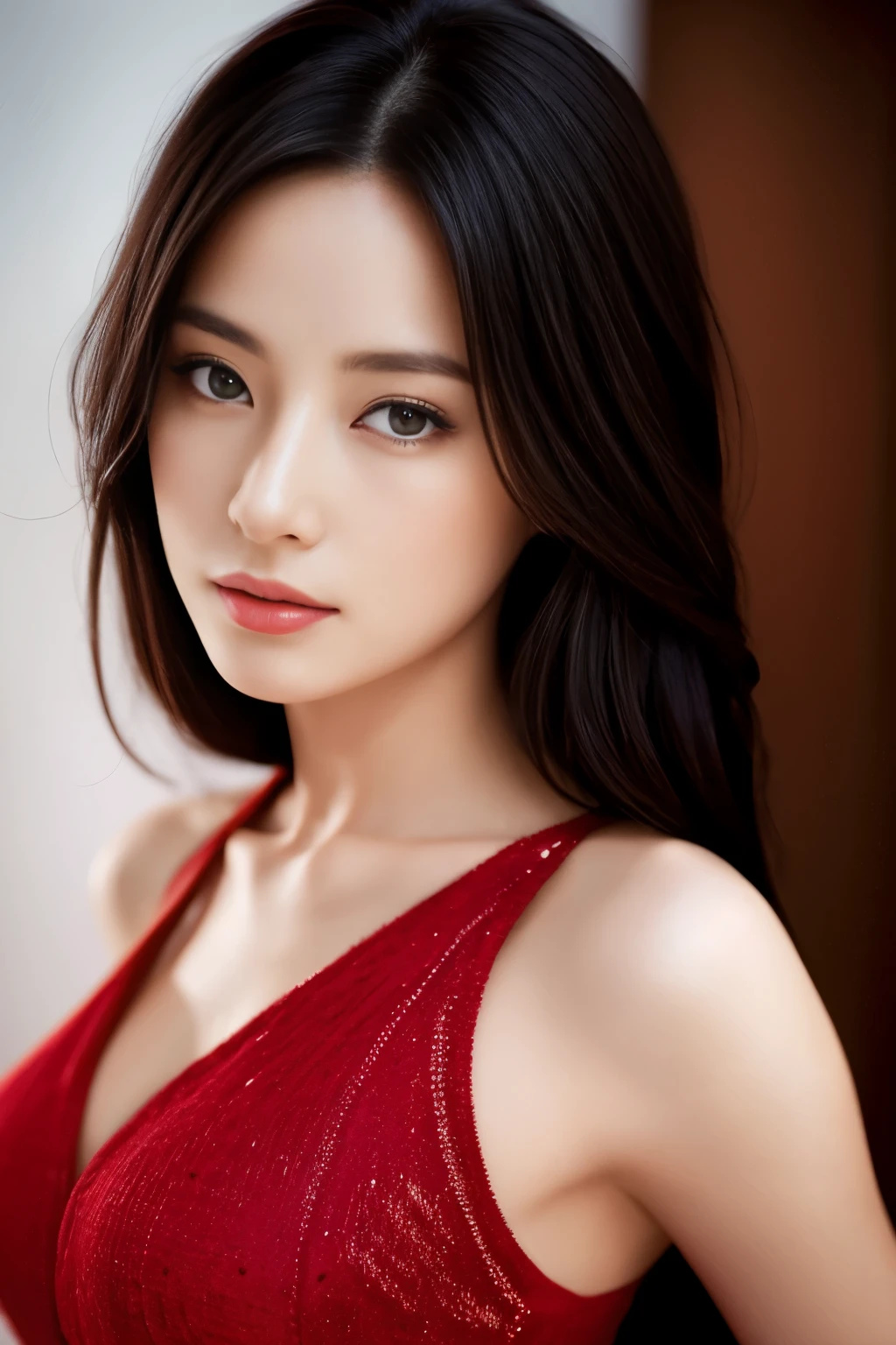 highest quality, masterpiece, 超A high resolution, Photorealistic, Raw photo, ((Beautiful woman)), 2, Detailed face, Beautiful Eyes, (Look into the viewer&#39;s eyes), Highest quality realistic skin texture, Fine grain, Detailed face, Enhances the body line, Enhances the beauty of skin texture, Captivating Bust, Sexy Eyes, Red dress, Queen, Black Hair, Straight Hair, whole body, ((Sexy pose)), ((Attractive pose))