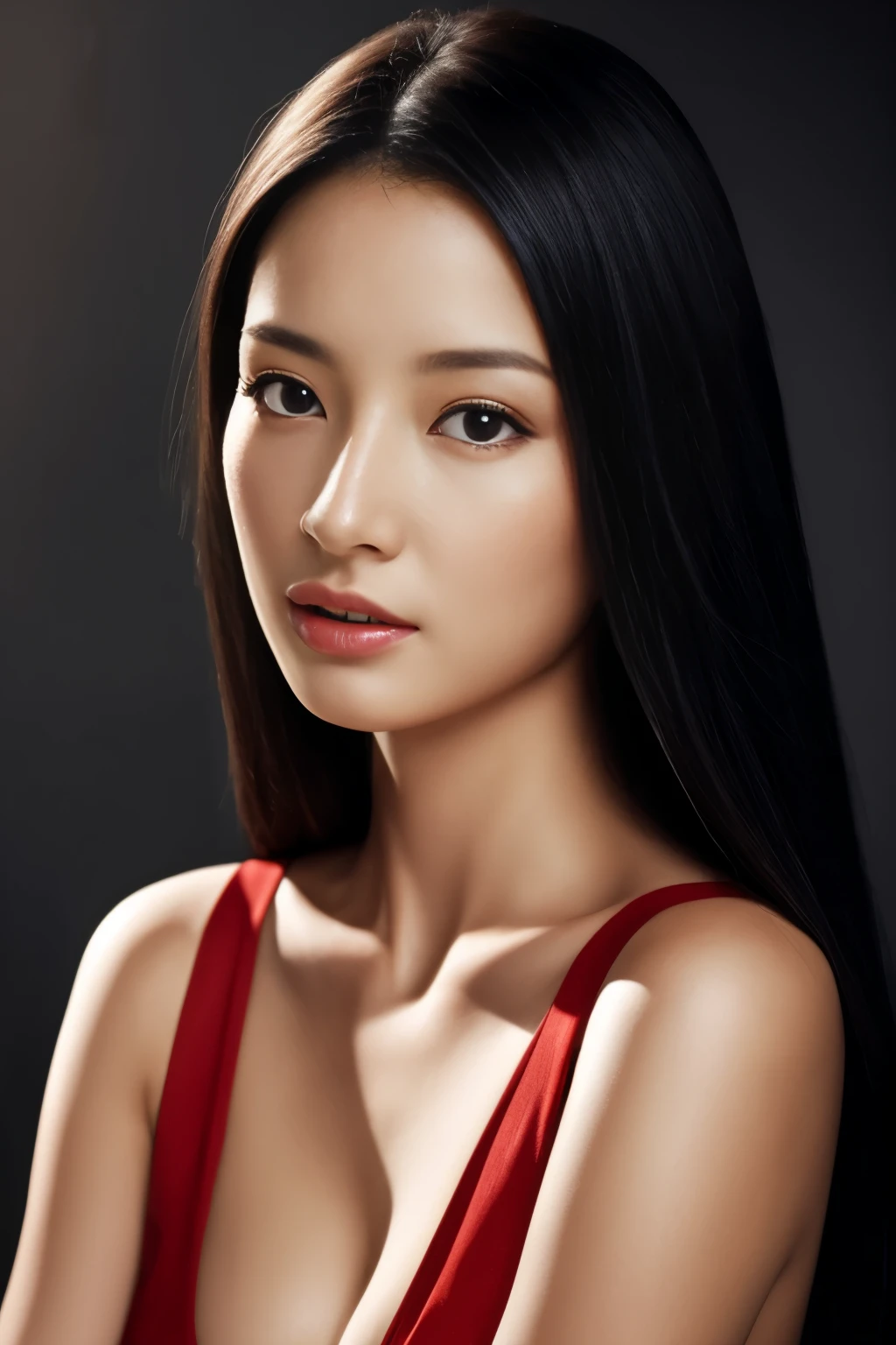 highest quality, masterpiece, 超A high resolution, Photorealistic, Raw photo, ((Beautiful woman)), 22 years old, Detailed face, Beautiful Eyes, (Look into the viewer&#39;s eyes), Highest quality realistic skin texture, Fine grain, Detailed face, Enhances the body line, Enhances the beauty of skin texture, Captivating Bust, Sexy Eyes, Red dress, Queen, Black Hair, Straight Hair, whole body, ((Sexy pose)), ((Attractive pose))