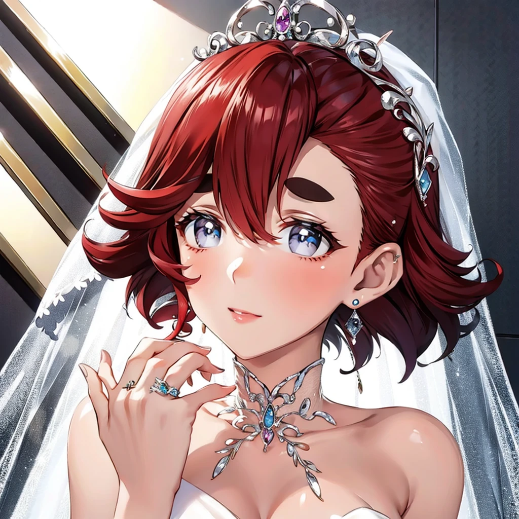 Mercury Witch、((highest quality)), ((masterpiece)), (detailed), Perfect Face、((Thretta Mercury、１People only、Perfect proportions、Redhead、Wedding dress、Veil、Earrings、Engagement Rings))、wedding style