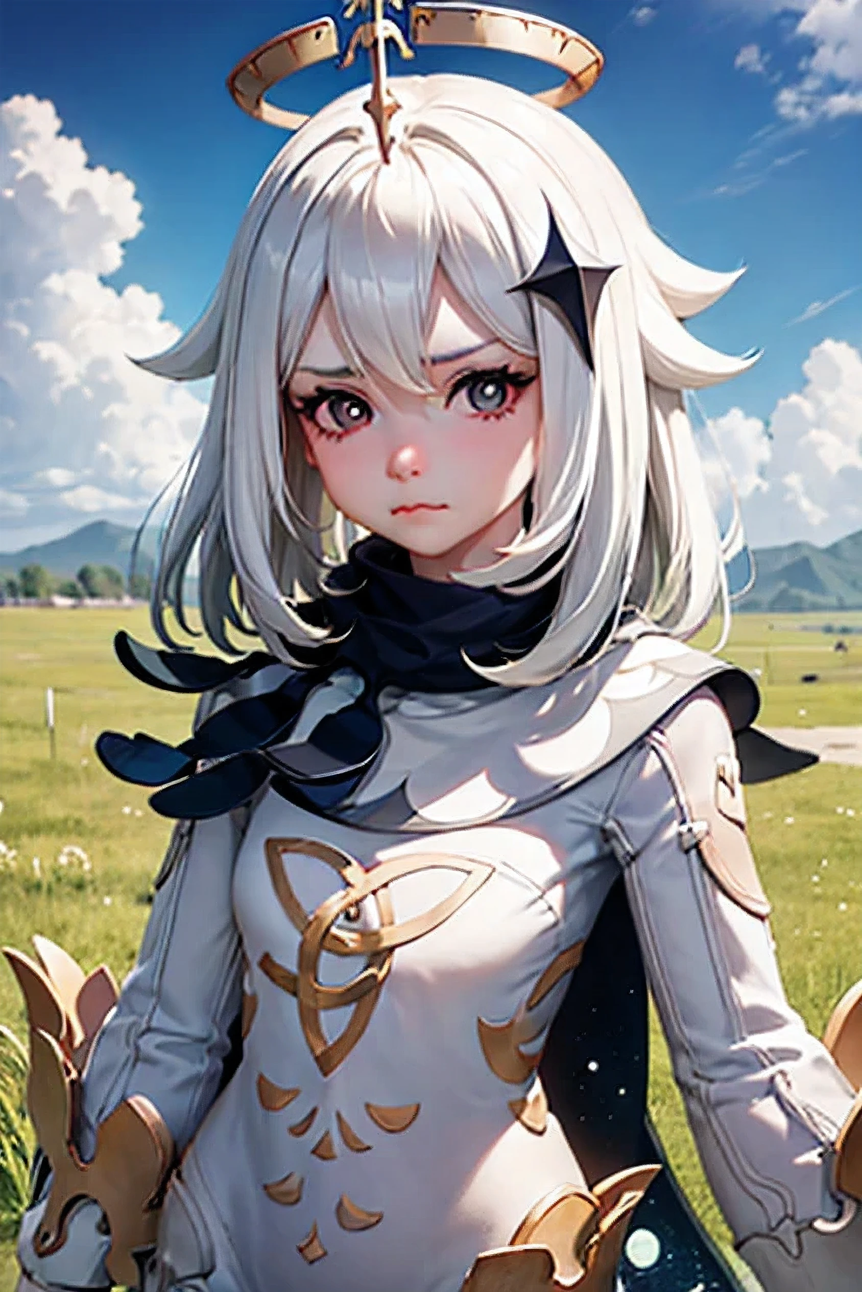 paimon, Genshin Impact, White hair, Pale skin, perfect face, teenager, baby face, cloudy, grasslands, sunny, pouting