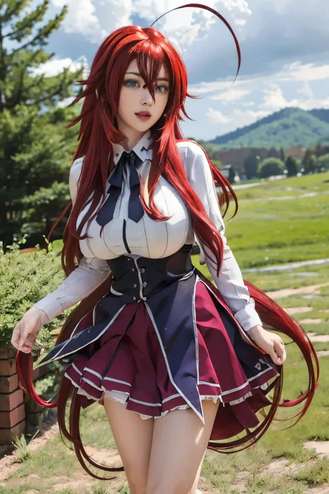 masterpiece, best quality, highres, best quality, highres, rias gremory, 1girl, long hair,unbottened , red hair, ahoge, blue eyes, large breasts, very long hair, breasts, skirt, huge ahoge, garterbelt, stocking, outdoors, standing,