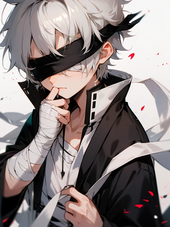 high quality, High resolution, Shota, One boy, Blindfold, both eyes Blindfolded, white bandage, Gray Hair, 