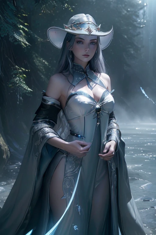 (master piece:1.8), (best quality:1.8), (exquisite lighting and shadow, highly dramatic picture, cinematic lens effect) 8k, wallpaper, looking at the viewer, female long silver hair waving in the air dark fantasy young witch lady wearing a futuristic dark gray large tunic with white ornaments and very long tunic sleeves, large dress with white ornaments, white lines in dress, with a big gray pointy magician hat with a big blue gem in the center, holding a middle magic staff, thin waist, notorious hips, serious look in the eyes, beautiful eyes, beautiful lips, blue shiny energy lake background, blue glowing mist behind, blue stars, blue energy flying spots behind, ethereal lightning, sharp focus
