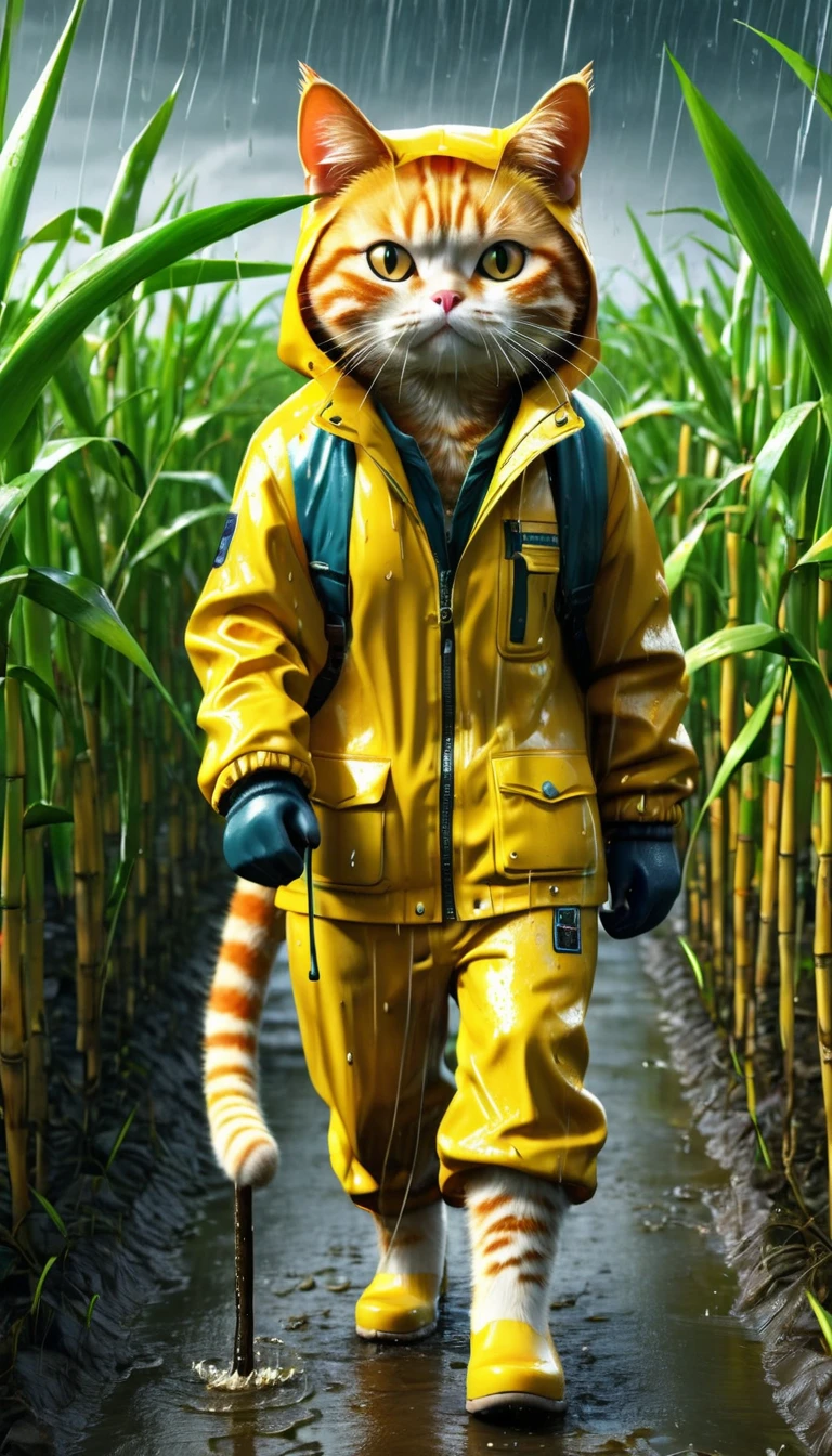 Poor orange cat, old pants, a yellow jacket cutting sugarcane in the fields, heavy rain, wind, strong thunder, 8k, photo, illustration, 3d render, typography, cinematic, poster