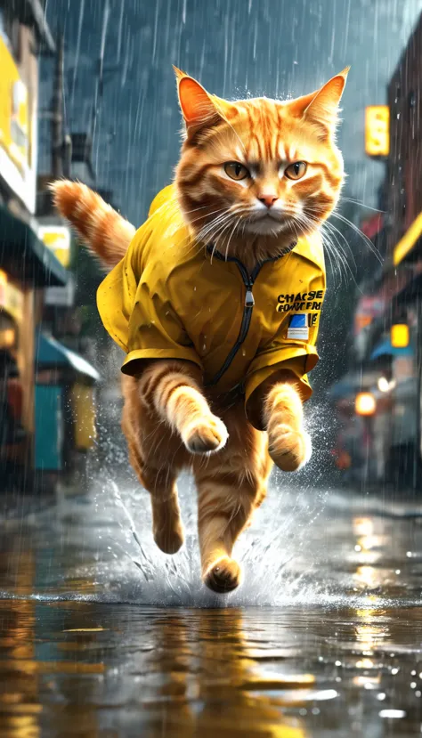 Poor orange cat, old pants, a yellow shirt running by the owner of the chase, heavy rain, wind, strong thunder, 8k, photo, illus...