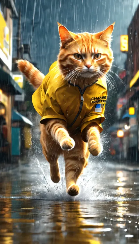 poor orange cat, old pants, a yellow shirt running by the owner of the chase, heavy rain, wind, strong thunder, 8k, photo, illus...