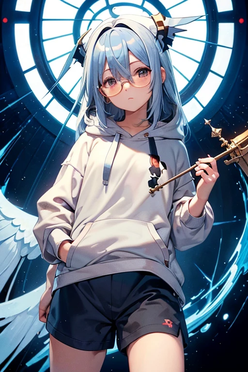 Angelic French doll, stocky, light colored hoodie, in short pants, blue hair ,messy long hair, (anime: 1.2), Wear glasses, asymmetrical bangs, (masterpiece: 1.2), Tengu, fortune teller, to face a headwind