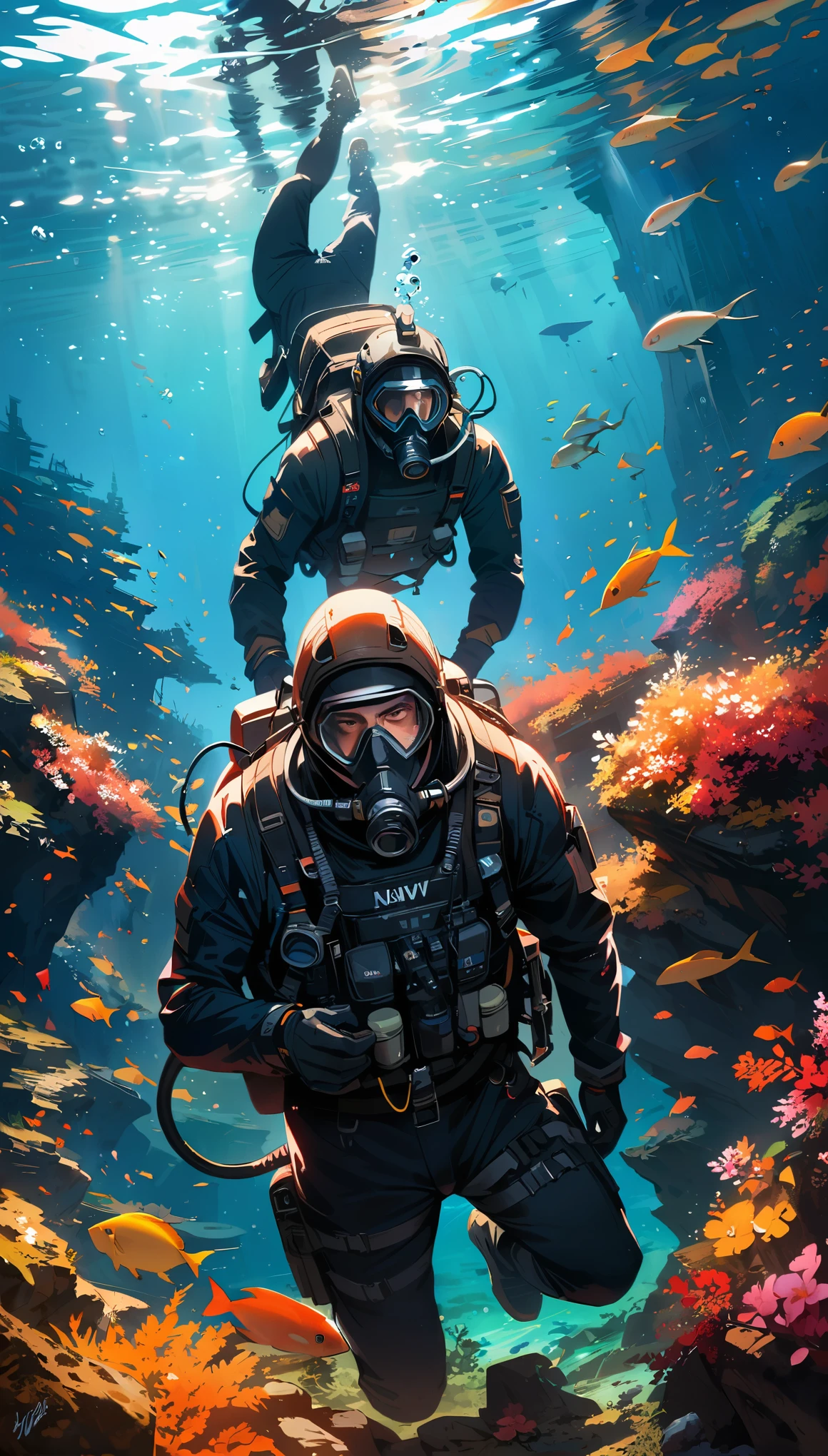 (best quality,4k,8k,highres,masterpiece:1.2),ultra-detailed,(realistic), diving, 3divers, deep underwater, us navy, secret mission, group of military divers, military scuba diving suits, 