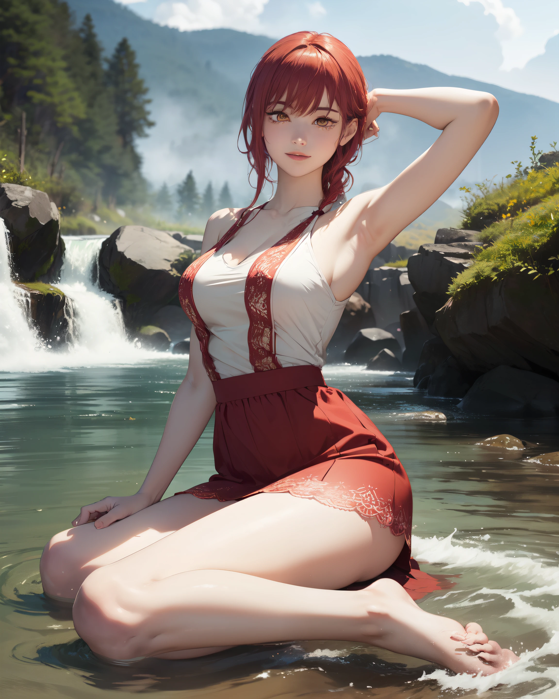 ((masterpiece, Best Quality, high resolution, Perfect Pixel, 8K))), 1 girl、medium thighs、full body seen、 ((Red gorgeous hairs))、(( Beautiful eyelashes、Realistic eyes))、 ((Detailed face, Blushing:1.2))、((Smooth texture:0.75, Realistic texture:0.65, Photorealistic:1.1, Anime CG style))、Seen from front、Dynamic Angle、(Wearing red and white line printed top、gorgeous top、perfect fitting top、perfect skirt、red salong skirt、beautiful dress、Sexy straps、Showing armpits、beautiful detailed armpits、Lace satin、Mini dress、Beautiful pink trees、sitting in a river stream、knee down、hands on hairs、Looking somewhere for pose、beautiful river stream、beautiful foggy appearance、water waves、 river stream、lightning background、Waterfall、Beautiful feet、beautiful mountains、Beautiful lightening、perfect posing、wind breeze、hands on her hairs waving、wavy hairs、walking forward)、Perfect realistic representation of face、seducing look at viewer、medium breasts、beautiful portrait、very High quality、ultra high definition、 insanely detailed face、ultra high quality、ultra high clarity、best quality)、insanely detailed dress、realistic representation of a face、beautiful curvious body、Beautiful feet、white skin、best image quality、best clarity、 highest resolution、8k resolution、ultra high resolution、beautiful smile、beautiful eyelashes、Gorgeous face、gorgeous representation of a face、perfect body、erotic face、dynamic lightning、shiny skin、bokeh:1.2、Full body shot、professional photograph