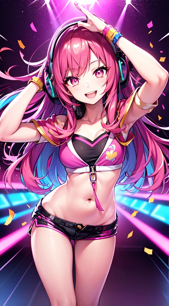 anime girl,club jacket and shorts, headphones,DJ turntable set,club lighting,stage,confetti,dancing,smiling,(best quality:1.2),(ultra-detailed:1.2),(realistic:1.37),HDR,vivid colors,portraits,shorts,headphone girl,energetic pose,colorful lights,stage set,confetti raining,joyful expression,dance floor ,anime style, atmosphere,techno music,electronic dance music,festival vibes,hip hop beats,festival outfit,energetic dance moves,expressive eyes,long hairstyle with vibrant pink color, gold eyes, elaborate makeup neon lights,beaming smile,positive vibes,high-energy performance,stylized backgrounds,colorful visuals,excitement in the air, full body portrait 