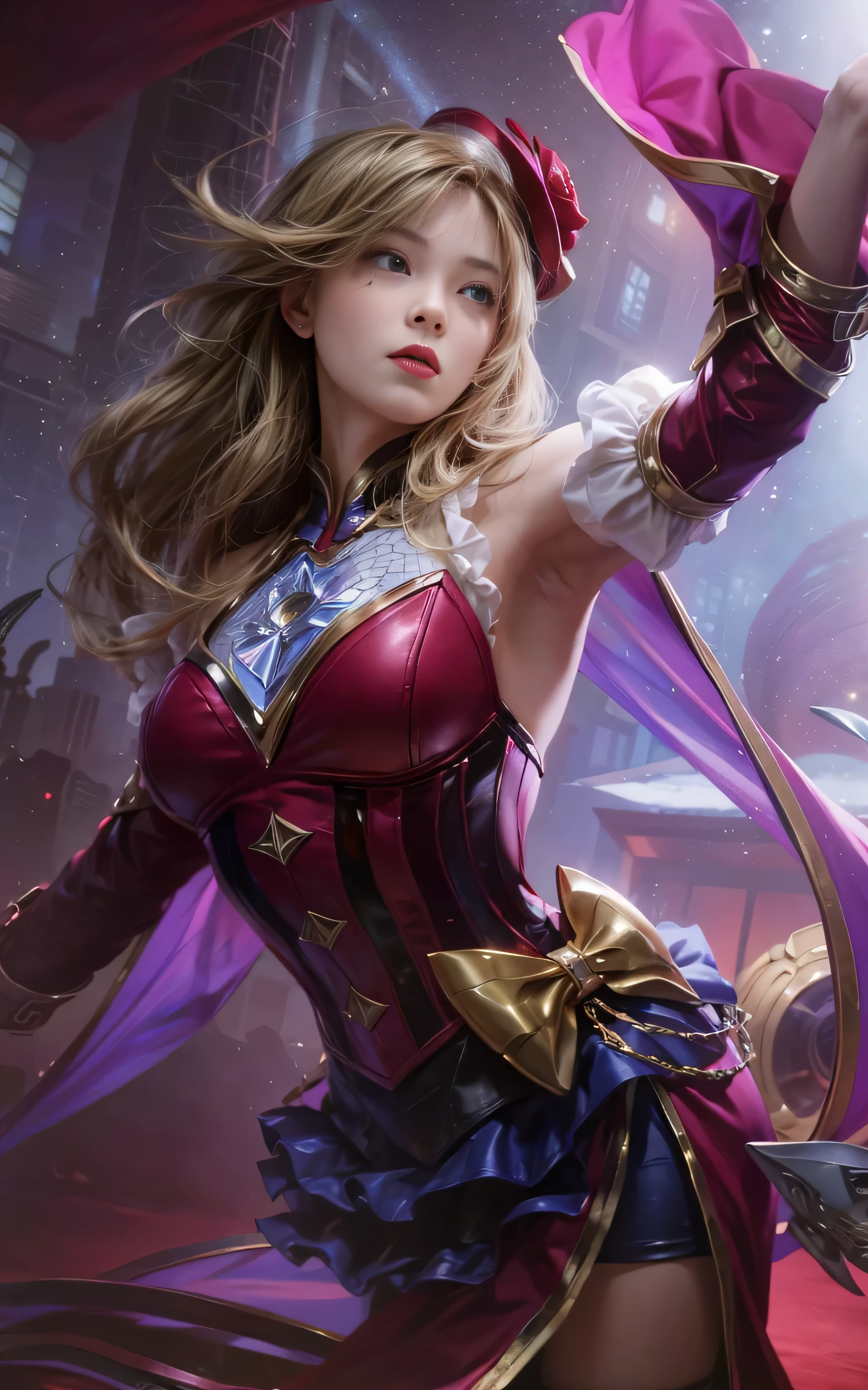 a close up of a woman in a costume holding a pink hat, orianna, extremely detailed artgerm, ! dream artgerm, cushart krenz key art feminine, style artgerm, artgerm detailed, valentina remenar, artgerm. high detail, kda, miss fortune, ig model | artgerm, ashe, photorealistic:1.4, 4K, 8K, UHD, blonde hair