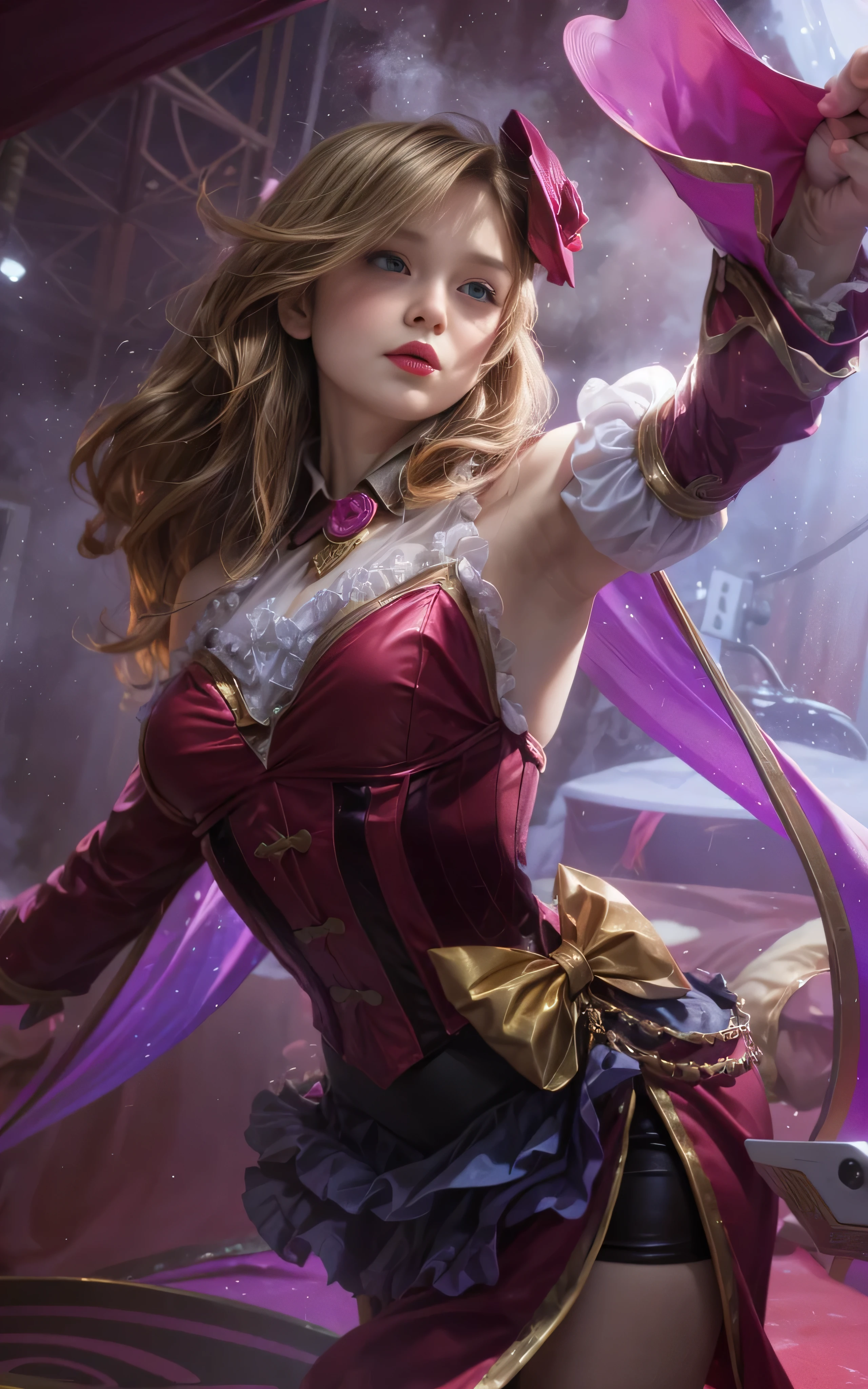 a close up of a woman in a costume holding a pink hat, orianna, extremely detailed artgerm, ! dream artgerm, cushart krenz key art feminine, style artgerm, artgerm detailed, valentina remenar, artgerm. high detail, kda, miss fortune, ig model | artgerm, ashe, photorealistic:1.4, 4K, 8K, UHD, blonde hair, blush, red lip