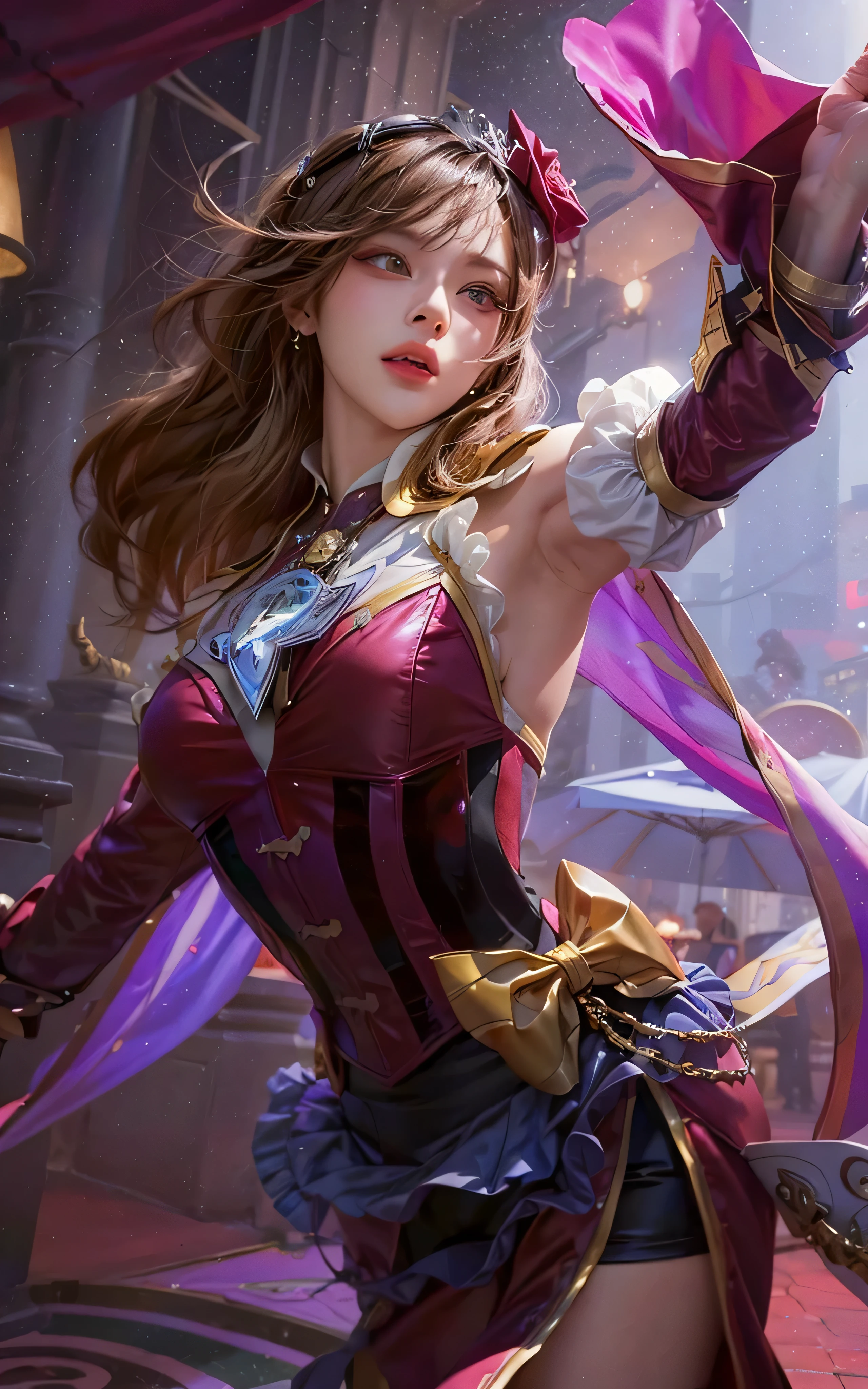 um close-up de uma mulher em um traje segurando um chapéu rosa, Orianna, extremely detailed Artgerm, ! dream Artgerm, cushart krenz arte chave feminino, style Artgerm, Artgerm detailed, embaralhamento dos namorados, Artgerm. alto detalhe, KDA, Perder dinheiro, modelo | Artgerm, Ashé, fotorrealista