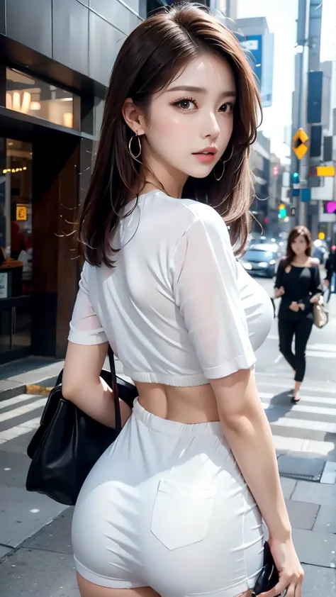 Beautiful woman, Playing with your cell phone in the middle of the street, Short clothes、Big Ass、Short Bob、Earrings、Casual Suits...