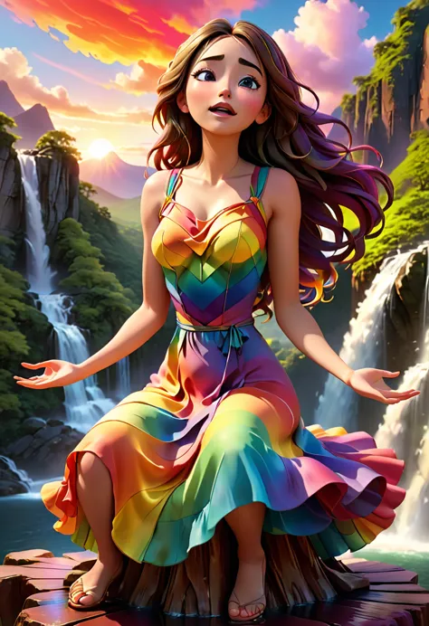 a powerful and vibrant 3d rendered image of a woman embracing her emotions. she is wearing a rainbow-colored dress, sitting on a...