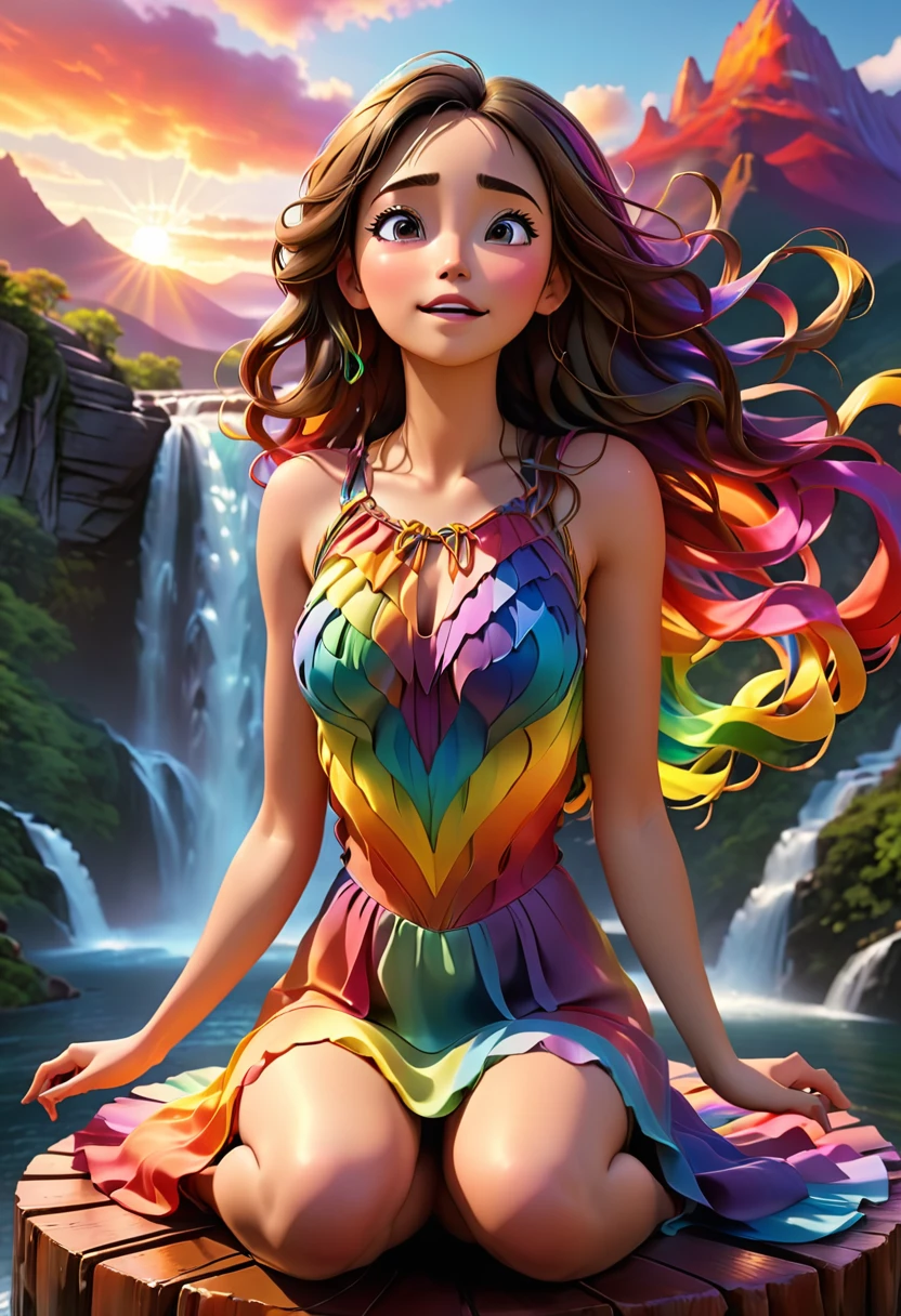 A powerful and vibrant 3D rendered image of a woman embracing her emotions. She is wearing a rainbow-colored dress, sitting on a floating platform, with her eyes closed and her hands raised to the sky. There is a cascade of colorful and luminous emotions radiating from her body, symbolizing your acceptance and connection to her feelings. The background shows a stunning landscape of mountains and waterfalls, with a sunset casting warm tones across the scene. The overall environment is uplifting and cinematic, evoking a sense of empowerment and transformation., cinematic, photographic, 3D rendered, vibrant