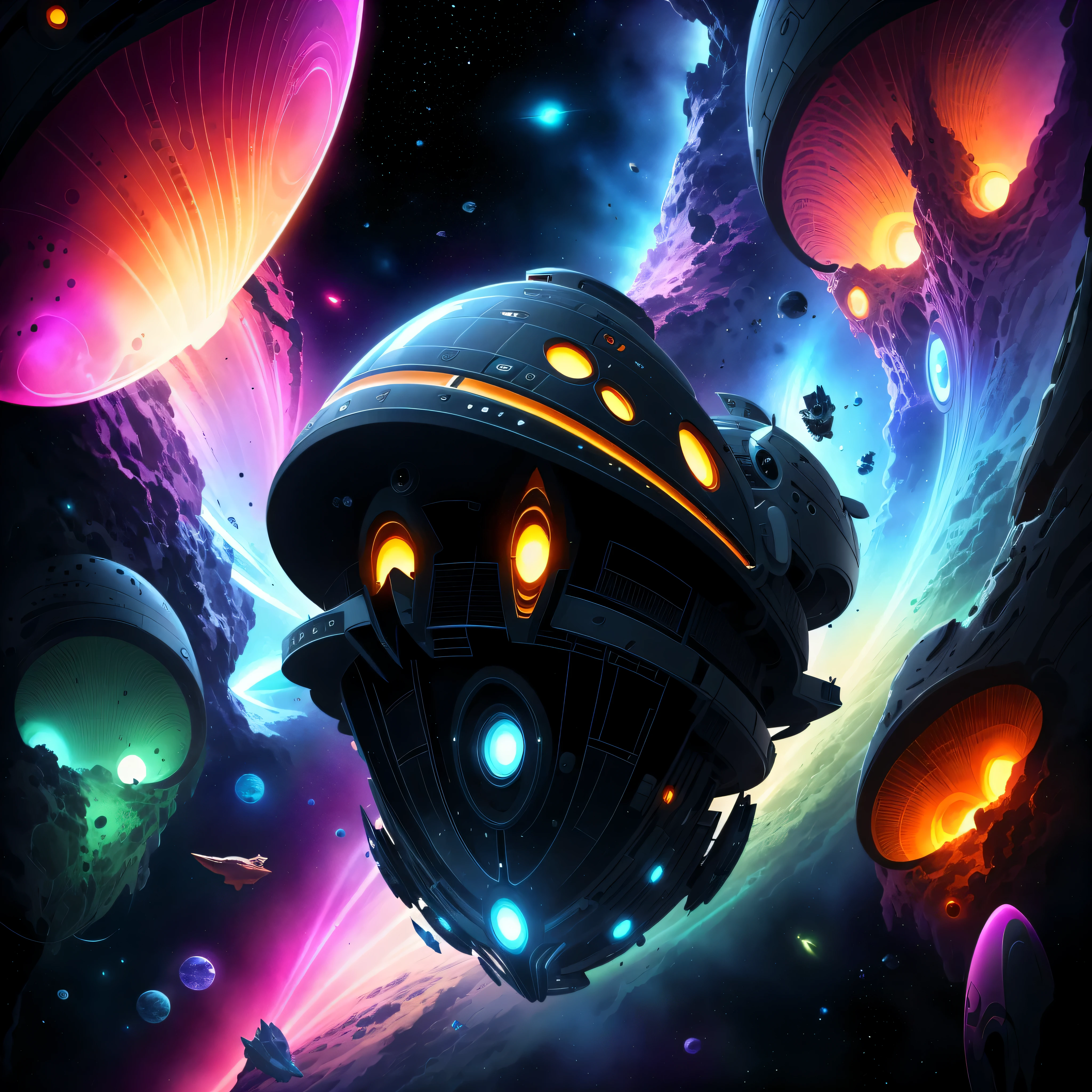 spaceship flying over a galaxy with jellyfishs and jellyfishs, amazing space creature 4 k, cartoon fantasy spaceship, an epic space ship scene, alien space ships, scifi spaceship, space ship, big weird spaceship, alien spaceship, sci-fi digital art illustration, futuristic spaceship, 4k highly detailed digital art, spaceship, alien space ship flying in space, scifi illustration