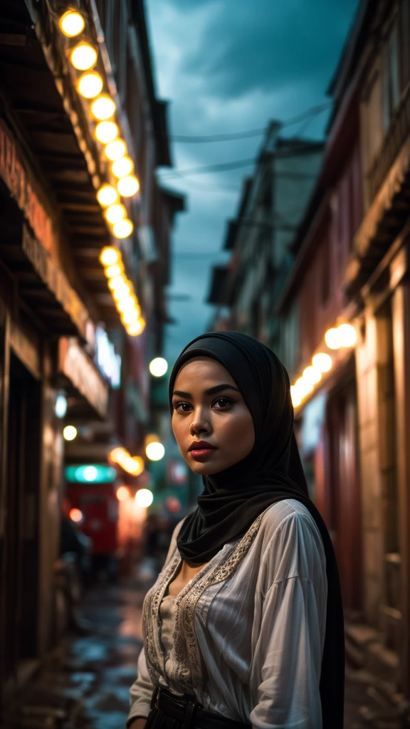Imagine the Malay girl in hijab as the main character in a classic film noir. Enhance the drama with moody lighting, shadows, and a rainy urban backdrop. Add elements of mystery and intrigue, making her the enigmatic heroine, 35mm, Over-the-shoulder shot, vibrant color grading, light leaks, starbursts cinematography effect, epic fantasy genre, ultra detail, high quality, 8k resolution.