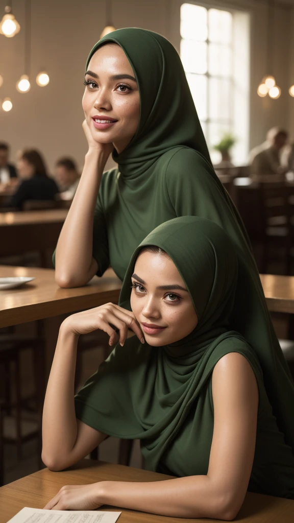 Malay women, very long green hair,wear green Mini peplum Dress , laughing and posing with hand on head, touching her own hair, wear gold handbag, from back view, windy, detail skin, age spot, detail skin texture, mole below eyes, small breast, flat chest, wide hips, small waists, thick thighs, slim abs, beautiful  body, nighttime, laughing, happy, cool ambient, crowded cafe, blur background, bokeh, cinematic lighting, Super 8mm lense, Extreme close-up, deep focus cinematography effect, Natural Lighting, pastel color grading, high quality, ultra detail, 8k resolution