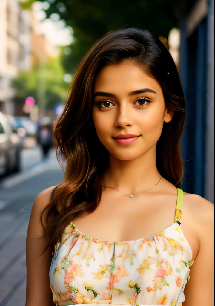 Hyper realistic photography, sony alpha camera, natural sun light, only two indian lady,  two beautiful cute indian ladies, two women in jeans shorts and a floral top are standing on the street, two girls, alena aenami and lilia alvarado, posing together, bff, cute girls, wearing a cute top, young and cute, bralette, wearing a cropped tops, looks realistic, crop top and shorts streetwear, beautiful girls, cute beautiful, cutecore, casual pose , highly detail3d face and lips,arc shape eyebrows, shinybeyes, vute smile,one lady of 22 year 45 kg and onother is 30 above and 60 kg and big bust, fit physic, realistic natural body posture, detailed skin with visible pores, detailed body, detailed exited smily face, realistic model look, instagram post, 