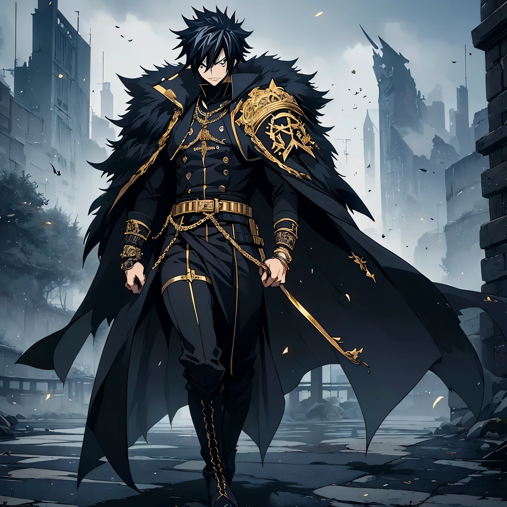 A (((powerful Gray Fullbuster))), clad in sleek, ((black military attire)) with intricate, ((gold accents)), sporting a classic Pickelhaube helmet and ((steel-toed black boots)), accessorizing with a ((sharp black metal bracelet)) and a luxurious (fur-trimmed cape) draped across his shoulders, exuding a serious demeanor as he strolls through a quaint, (Germanic town).(solo man)
