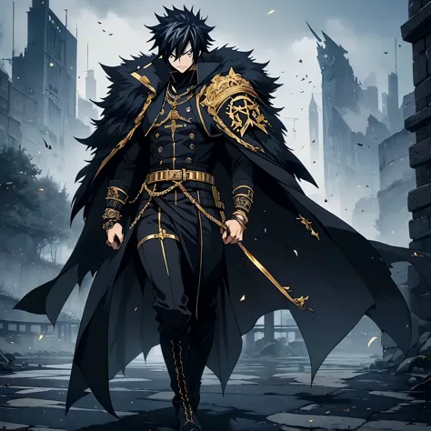 A (((powerful Gray Fullbuster))), clad in sleek, ((black military attire)) with intricate, ((gold accents)), sporting a classic ...