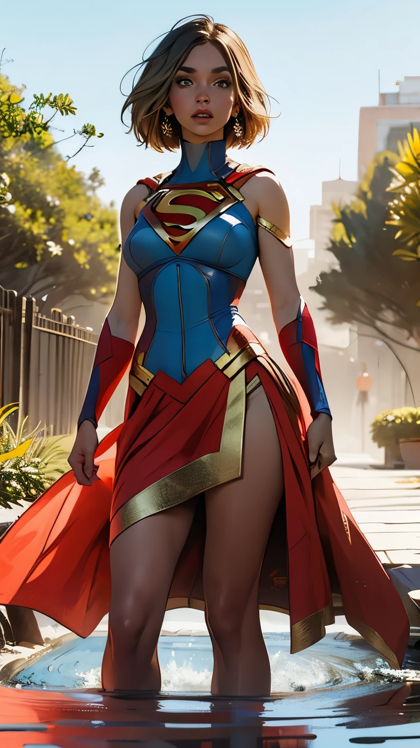 Incroyable Supergirl avec une robe brésilienne vibrante, Beaux yeux détaillés, caractéristiques exotiques, cheveux longs et flottants, et une attitude confiante. La robe est faite de tissu de soie chatoyant avec des broderies complexes et des motifs colorés, mettant en valeur la riche culture du Brésil. La robe me va parfaitement, accentuant ses courbes gracieuses et ajoutant une touche d&#39;élégance à son identité de super-héros. La scène se déroule dans un jardin luxuriant rempli de fleurs tropicales et de feuillages vibrants.. La lumière du soleil filtre à travers les feuilles, projetant une lueur chaleureuse sur les environs. Les couleurs sont vives et éclatantes, reflétant l’énergie et le dynamisme du Brésil. La composition est dynamique, capturer la force et la détermination de Supergirl. L&#39;image est de la plus haute qualité, avec un rendu ultra détaillé et une mise au point nette. L&#39;œuvre d&#39;art ressemble à une combinaison réaliste d&#39;illustration numérique et de photographie, Brouiller la frontière entre le fantasme et la réalité. Le ton général est vibrant et énergique, reflétant l&#39;esprit d&#39;aventure et d&#39;excitation qu&#39;incarne Supergirl.