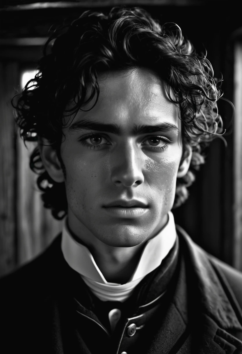 (highly detailed, detailed eyes, detailed face, soft light, photorealistic, dynamic light; cinematic); victorian era; 1820's Canada; 24 years old man; Spanish-British mix; 1820's Anglican priest; incredibly attractive; dark and brooding; masculine yet beautiful; helpless longing stare; confused expression; Adonis; moody; intense; Spanish nose; sensual; amorous air; very attractive; lean figure; olive skin; stubble; hazel-green eyes; thick strong dark-brown eyebrows; long full sideburns; 1820's simple black priest cassock, white collar; short tousled dark-brown wavy hair; full luscious moist lips, parted; mouth slightly open; standing in a cosy log cabin during a storm in 1820's Canada; looking at camera