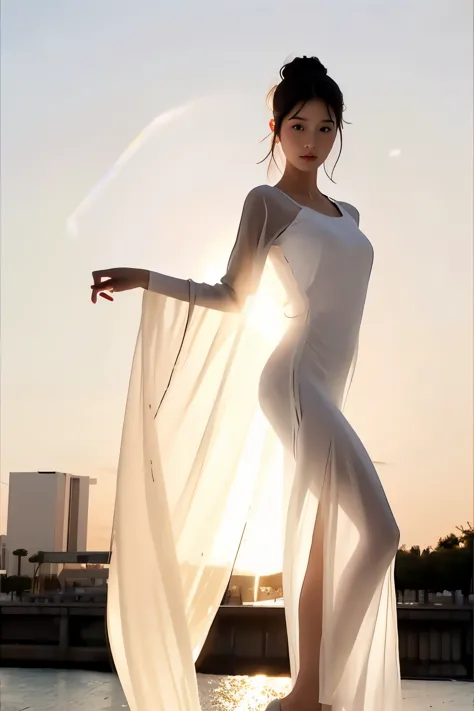 (masterpiece, best quality:1.2), 1girl, solo, delicate face, white-skinned female, see-through silhouette, white dress, full body, outdoor