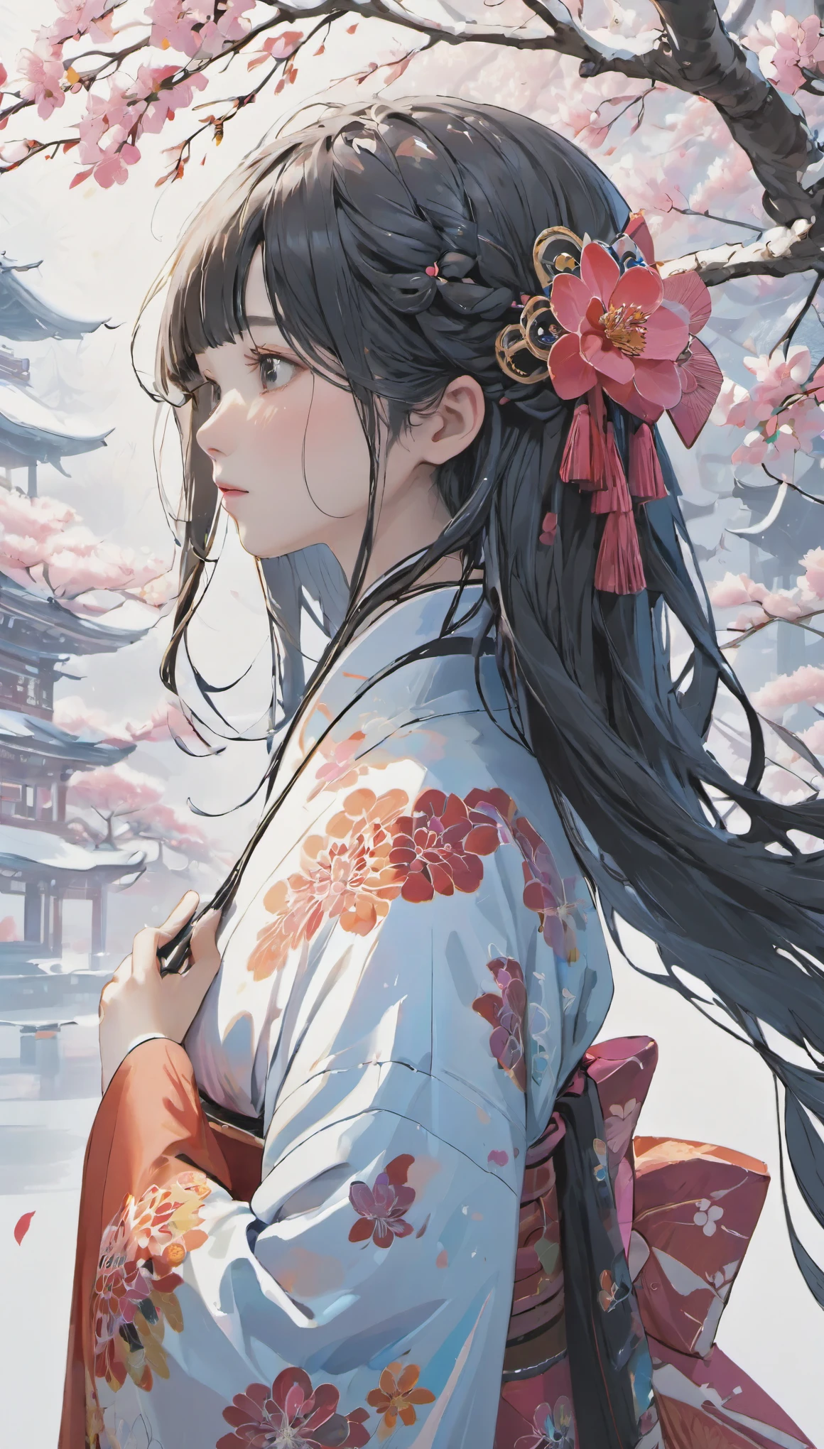 (((White background、White world)))、14 years、unity 8k wallpaper、Ultra-detailed、Beautiful and aesthetic、masterpiece、highest quality、(Tangleの、Mandala、Tangle、Tangle)、(Fractal Art:1.3)、One Girl、Beautiful black hair、Japanese、Big pink、red kimono、Japanese ...