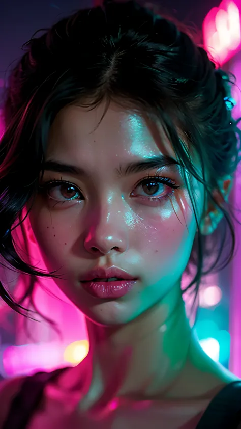 身穿比基尼的阿拉菲女子在Neon前摆姿势, Neon and Dark, glowing neon lights, glowing neon lights skin, Portrait of a girl with light waves, Neon, N...