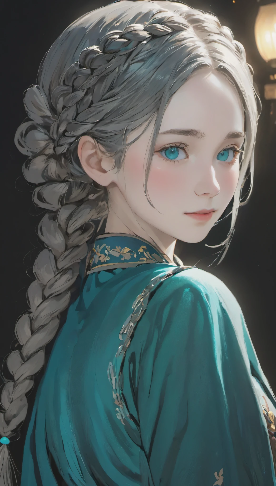 1 girl, White skin、Caucasian、Very cute face、Small Nose、Fuller lips、Braids tied together、French Braid、Malaise、night, dark, ((Grey Hair)),(Detailed gray eyes)、Natural color tunic,National costume, Upper Body,Perfect beauty, ((Blurred Background))、((Black background)),((Shining turquoise light))、,Cinema Lighting,Professional Photographer,Random Pause、50ｍｍlens