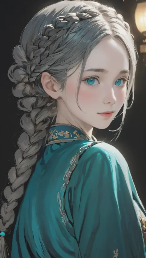 1 girl, White skin、Caucasian、Very cute face、Small Nose、Fuller lips、Braids tied together、French Braid、Malaise、night, dark, ((Grey...