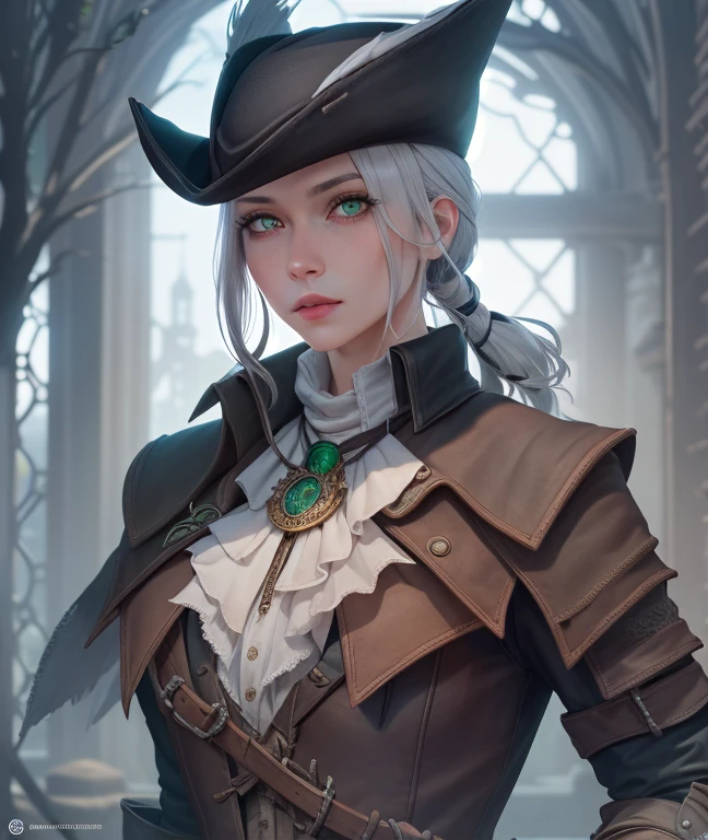 {{{masterpiece}}}, {{{best quality}}}, {{{ultra-detailed}}}, {cinematic lighting}, {illustration}, very detailed eyes, expressionless, 1girl, white_hair, green_eyes, hat_feather, boots, gloves, tricone, ponytail, lady maria of the astral clocktower, bloodborne, blood, {Portrait}, looking at viewer