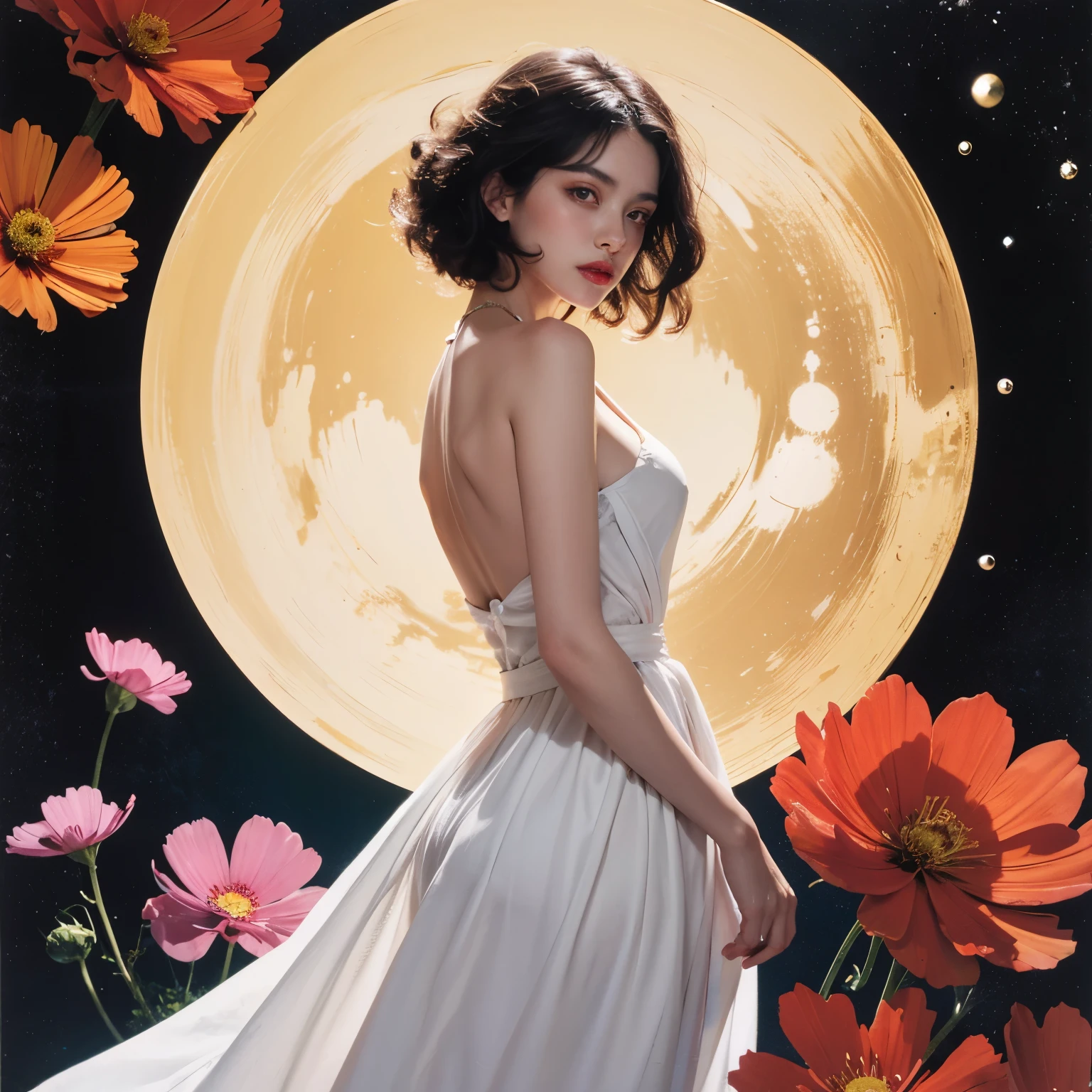 chiaroscuro technique on sensual illustration of an elegant , retro and vintage white dress ,Chocolate Cosmos (Cosmos atrosanguineus) around body, matte painting, by Hannah Dale, by Harumi Hironaka, extremely soft colors, vibrant, pastel, highly detailed, digital artwork, high contrast, dramatic, refined, tonal, golden ratio,