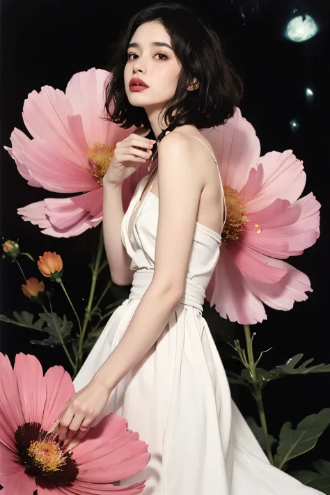chiaroscuro technique on sensual illustration of an elegant , retro and vintage white dress ,Chocolate Cosmos (Cosmos atrosanguineus) around body, matte painting, by Hannah Dale, by Harumi Hironaka, extremely soft colors, vibrant, pastel, highly detailed, ...